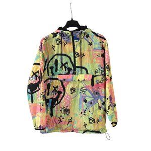 Reason Mens Graffiti Colorful Hooded Windbreaker Jacket Size XL Half Zip Front